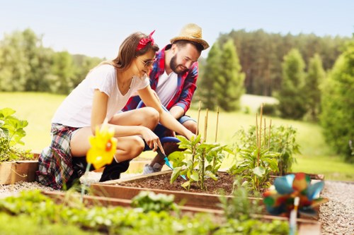 In a well-maintained outdoor garden setting in Clapham, two individuals are engaged in gardening activities amidst lush greenery and natural light. The foreground features a rectangular vegetable bed with dark, rich soil, containing young, leafy green plants supported by small stakes. To the left, a yellow and red bird-shaped garden ornament adds a touch of colour, while on the right, a small, colourful wheelbarrow holds gardening tools or decorations. The background displays a neatly trimmed hedge bordering the garden, with mature trees and a gently rolling grass lawn beyond, under a partly cloudy sky. The scene suggests active outdoor maintenance or planting, highlighting garden care services by Landscapers Clapham, emphasizing a healthy, thriving, and tidy outdoor space. The natural tones of soil, plants, and wood contrast with the vibrant garden ornaments, all set in a peaceful, sunlit environment ideal for family gardening or outdoor leisure in southwest London.