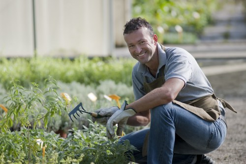 A man with short dark hair, wearing a light blue shirt and a gardening apron, is kneeling on a gravel path in a well-maintained garden. He is smiling while holding a small gardening rake in his right hand, tending to a lush bed of green plants and shrubs nearby. The garden features a neatly bordered flower bed with a variety of green foliage, possibly including small flowering plants, and is set against a background of trees and a wooden fence. The scene is lit by natural daylight, suggesting a clear day, and the overall environment appears tidy and professionally maintained, indicative of gardening services provided in Clapham or nearby areas. The garden layout includes a combination of grassy lawn, paved pathways, and cultivated planting beds, reflecting an organized and aesthetically pleasing outdoor space typical of residential gardens serviced by landscapers like Landscapers Clapham.